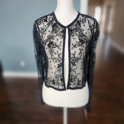 SCALA NWT Vintage Sheer Black Beaded Long Sleeve Evening Jacket / Bolero Sz: L