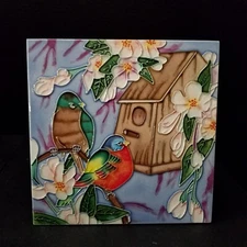 Ceramic Bird Plaque Picture Bird House And Flowers