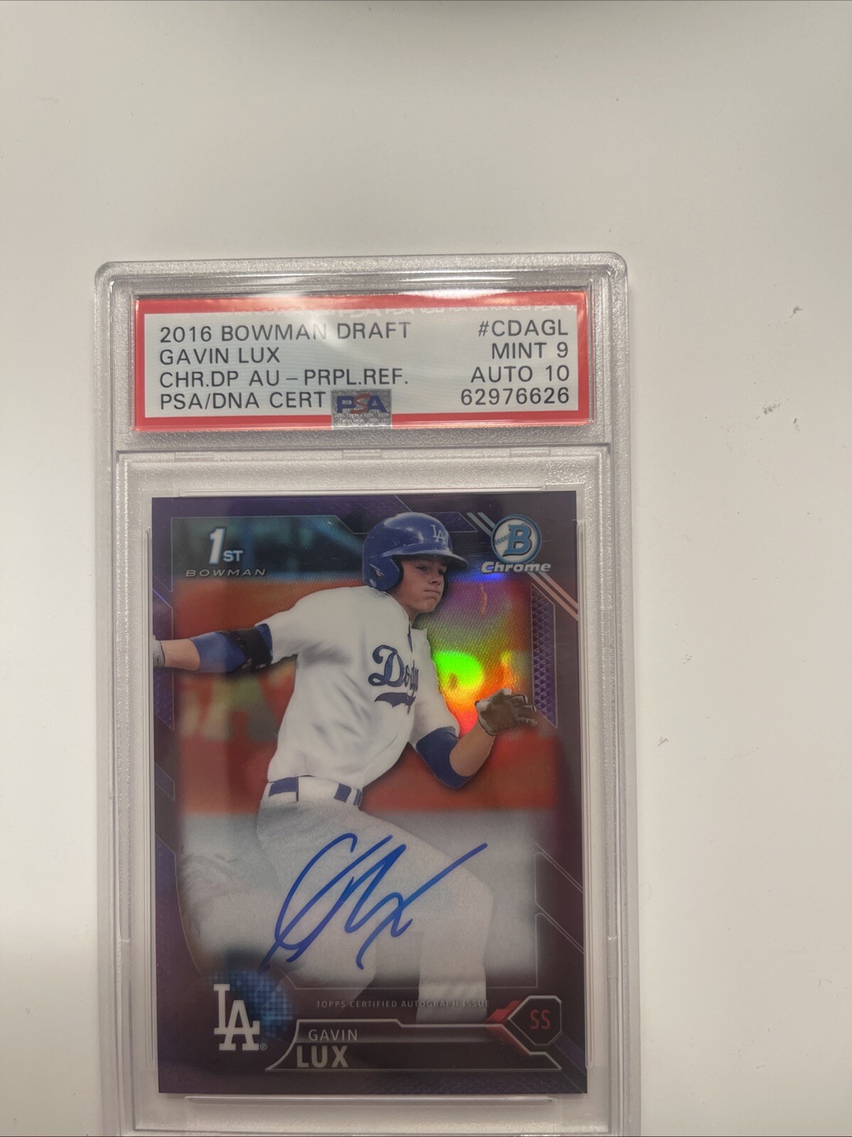 2016 Bowman Chrome Draft Gavin Lux Purple Refractor auto /250 PSA 9 Dodgers