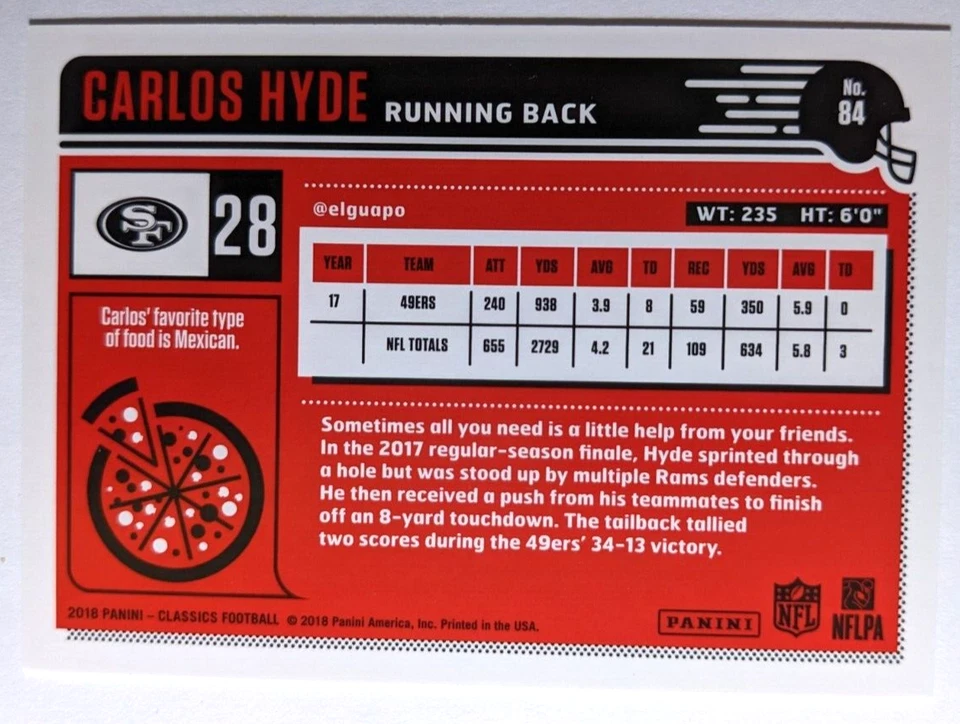 2018 CLASSICS RED BACK CARLOS HYDE 117/299 (K) - Image 2 of 2
