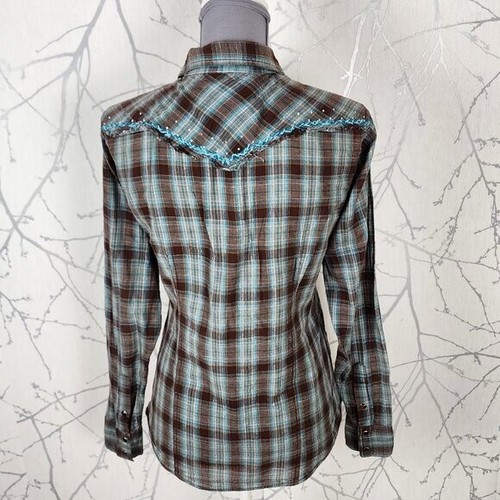 Panhandle Slim Brown Plaid Stretch Embroidered Western Blouse | Women's M - Picture 4 of 7