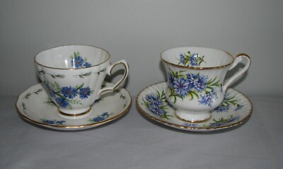 Paragon &Royal Vale Fine Bone China Footed Teacup & Saucer Blue Floral Gold Trim