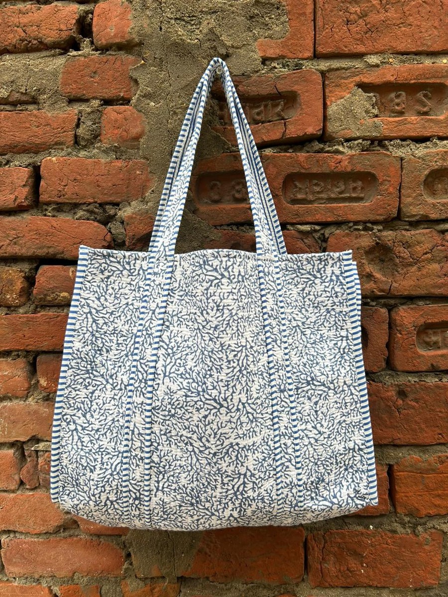 100%Cotton Large Hand Block Print Quilted Tote Bag Handmade