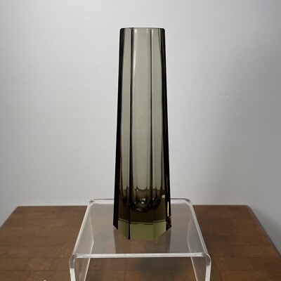 Moser? Smokey Grey Vase Hexagon Faceted Glass Bud Josef Hoffmann? 8'' Unsigned