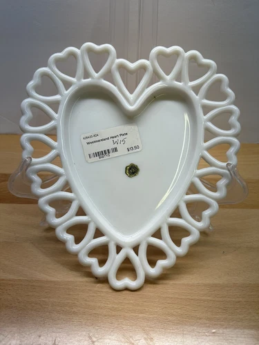 Vintage Westmoreland Glass Plate Heart Open Lace Lattice White Milk Glass 7”