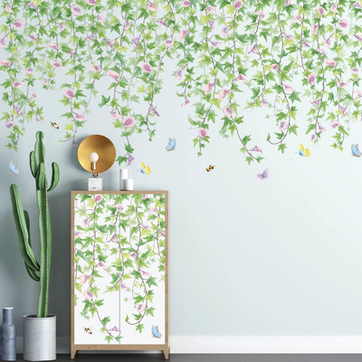 2 PCS Morning Glories Vine Wall Decals Purple Flowers Wall Stickers Green Leaves