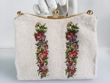 Vintage Finely Beaded Floral Petit Point Evening Bag Purse White Hong Kong