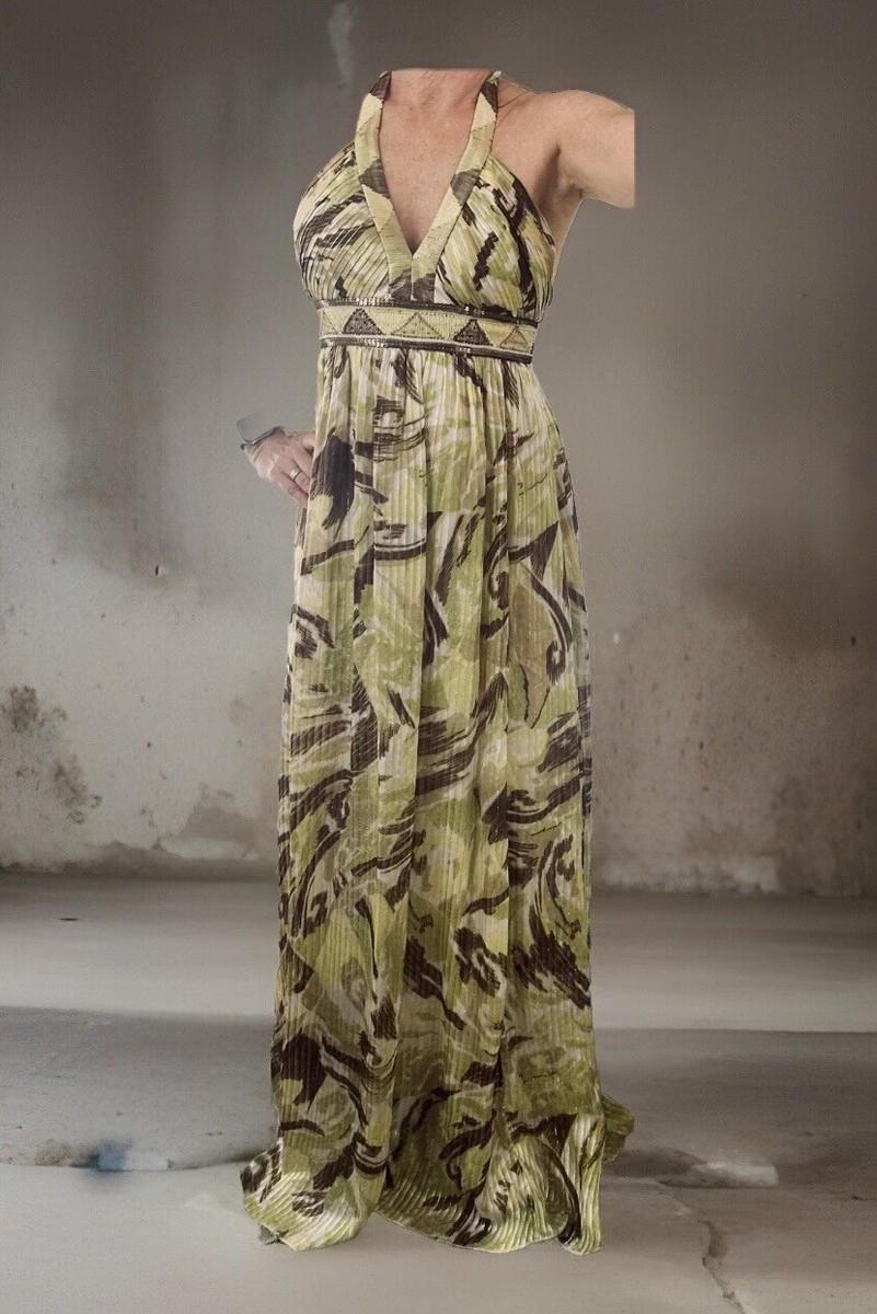 BCBG MaxAzria Silk Halter Maxi Long Dress Green Brown SZ 2 Gown Party Glitz  Glam | eBay