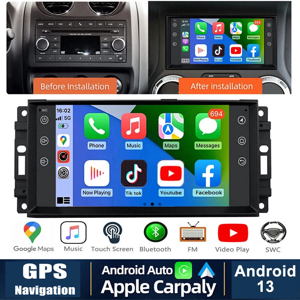 7" Android 13 Car Radio Stereo GPS Carplay For Jeep Wrangler Dodge RAM Chrysler - Image 2 of 4