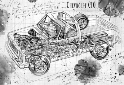 Line Tech Zeichnung Chevrolet C10 Auto LKW Classic Cutaway Kunst Poster Druck