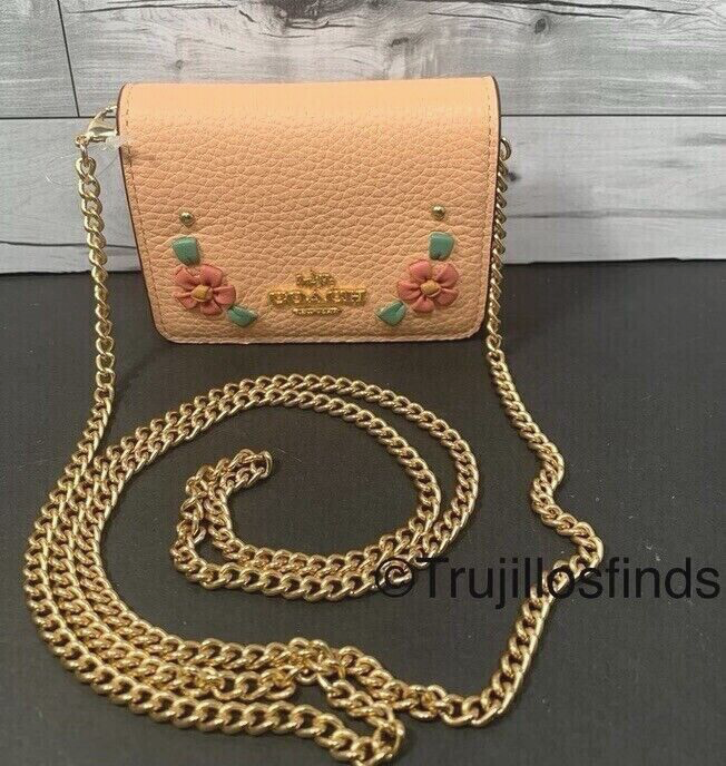 COACH CA024 Mini Floral Whipstitch Wallet on Chain in Gold Faded Blush Mulberry