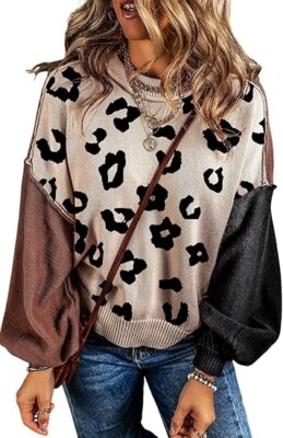 Womens Pullover Sweater Coffee Leopard Print Colorblock Pullover Sweater