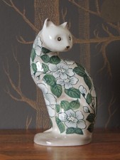 Cat Figurine Green & White Floral Decoration Thailand