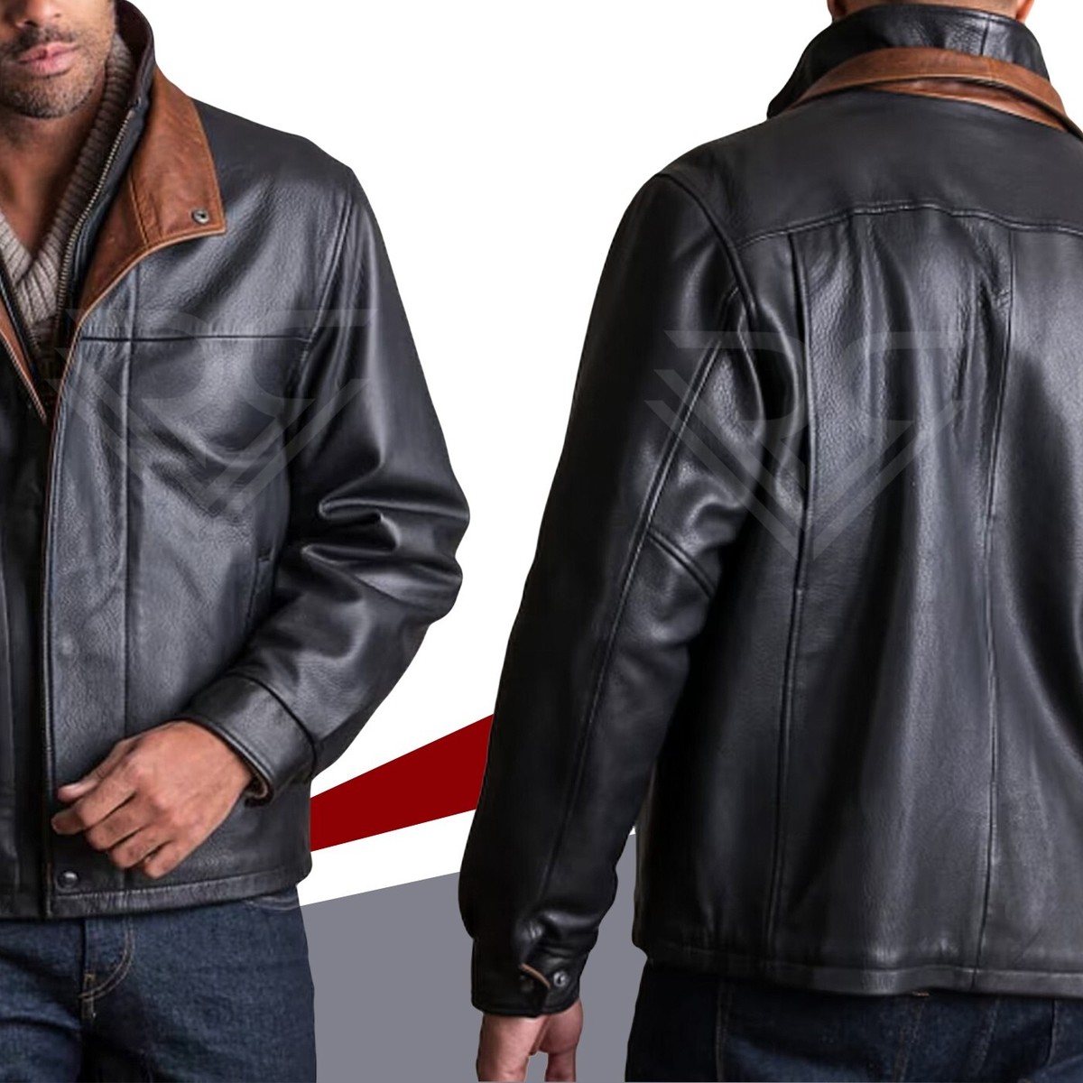 Men's Romano Double Collar Style Black Bomber Real Sheepskin