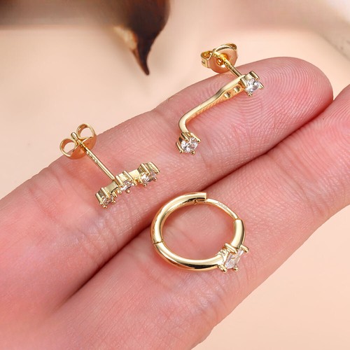 3 Pcs Stack Gold Studs Earrings for Women, Stud Hoop Earrings Stack Set - Picture 7 of 12
