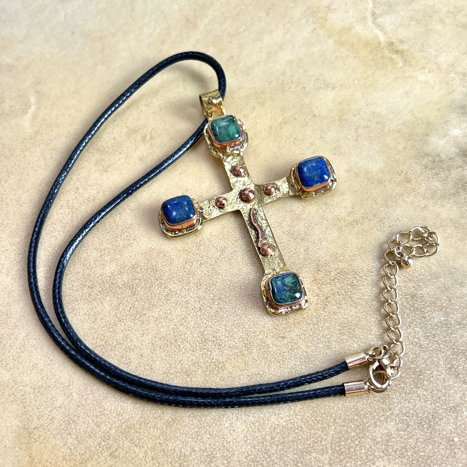 Large Cross Statement Necklace - Malachite & Azur… - image 1