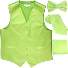 New Men's tuxedo Vest Waistcoat With Necktie, Bowtie  Hankie Set Lime Green