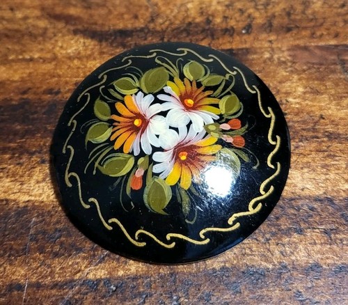 Vtg Russian Hand Painted Signed Wooden Laquer Pin/Brooch Floral