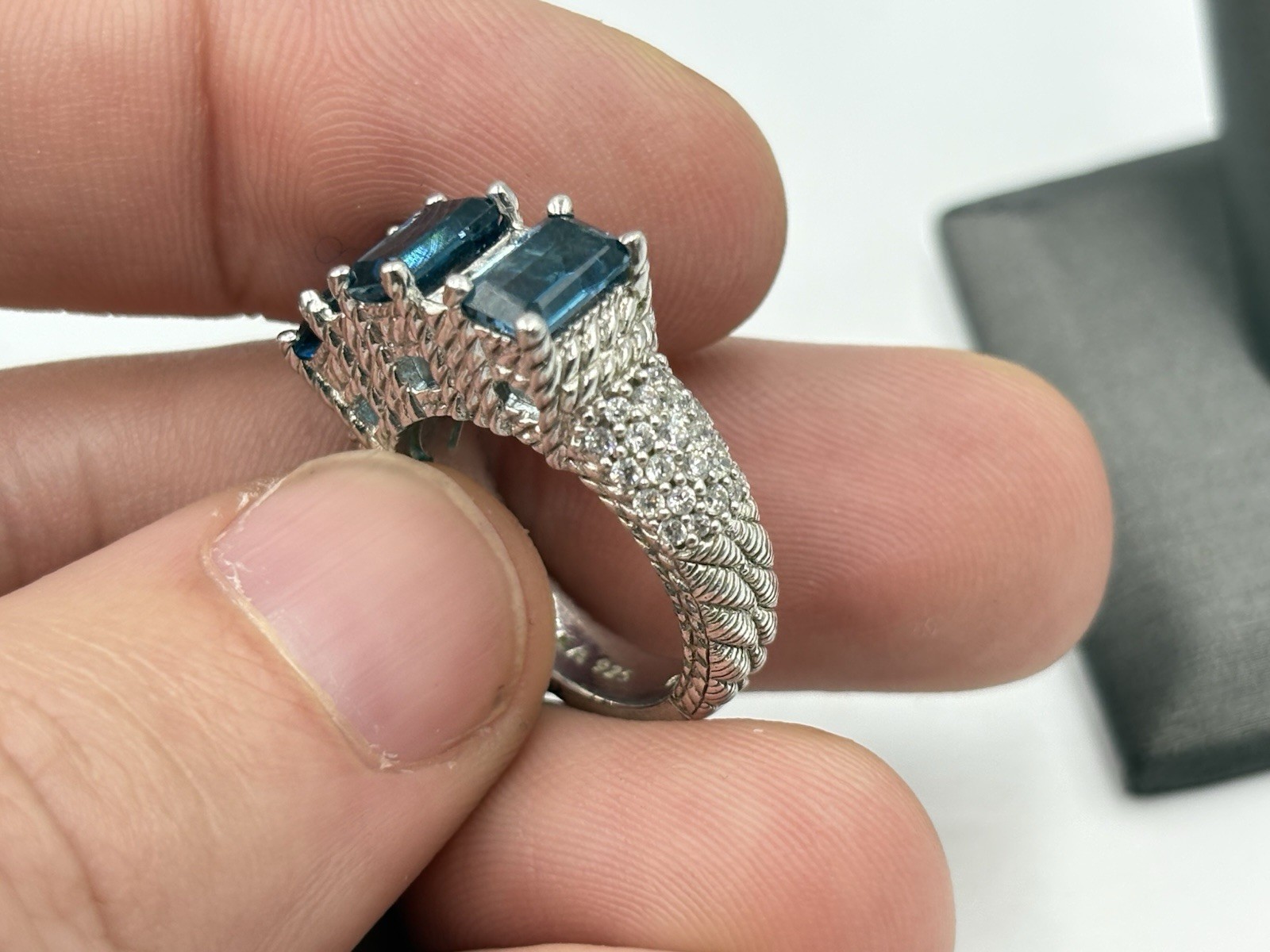 Judith Ripka Sterling Silver Blue Topaz 3-Stone CZ Diamonique Ring