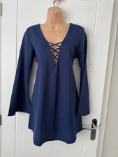 Motel Women’s Navy Mini Dress Size S Long Sleeve Lace Up V Neck