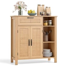 Buffet Bois & Rotin 75 cm – Meuble Rangement Bohème avec Portes & Tiroirs
