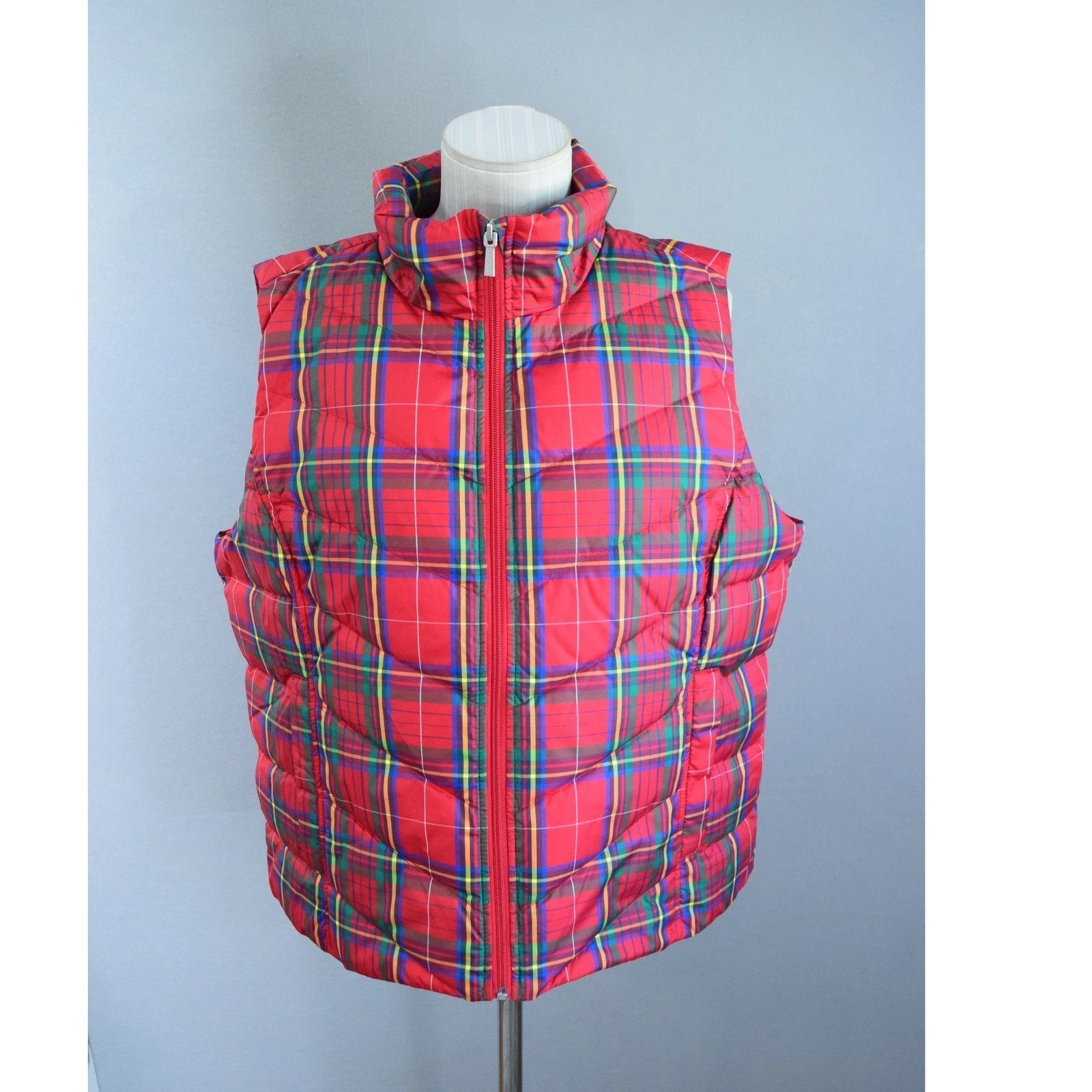 Lands End Womens Plaid Down 600 Vest Large Petite Red Quilted Insulated New