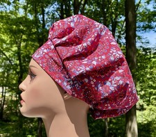Surgical Scrub Cap, Bouffant, Bandana Pattern Shades of Blue on Red, Patriotic