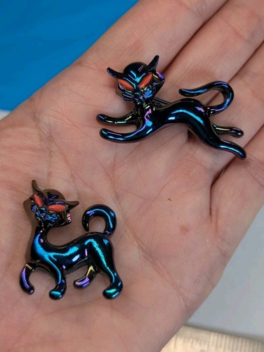 2 Women's Vintage 50s Iridescent Black Cat Kitten Enamel Brooch /Pin ...