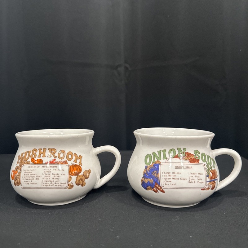 Vintage National Potteries Soup Recipe Mugs Set of 2 Mushroom / Onion Cleveland