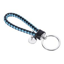 Braided Leather Keychain with Stainless Steel Key Ring Sleeve, Sky Blue Black