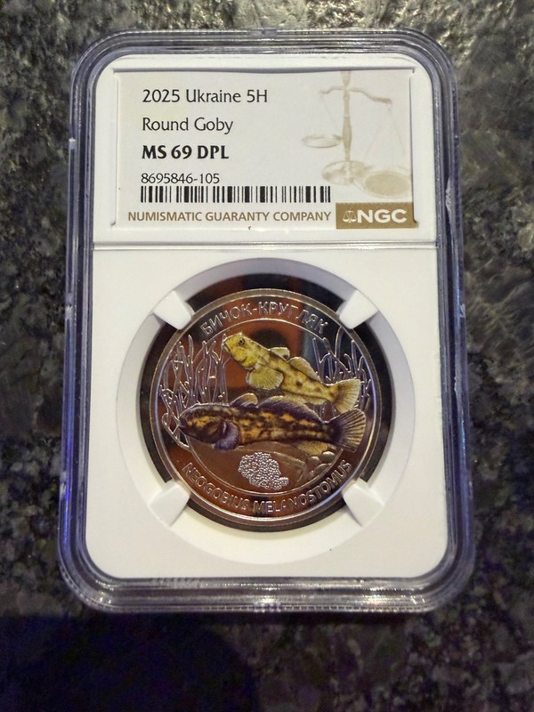 2025 Ukraine 5 Hryvnia Round Goby NGC MS69 DPL Colorized Fish Coin