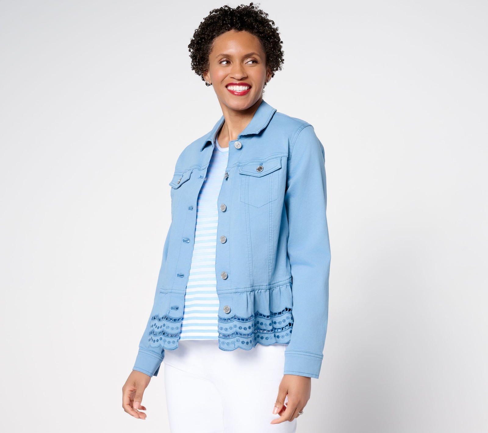 Susan Graver Women's Jacket Sz S Embroidered Peplum Denim Blue A690642
