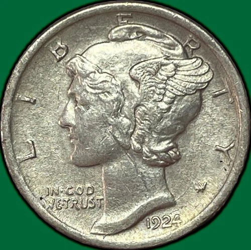 1924 Mercury Dime Silver Almost Uncirculated AU Coin, Cleaning #33572