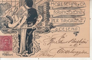 Cartolina CESENA pubblicitaria tipografia Moreschini illustratore Amaducci