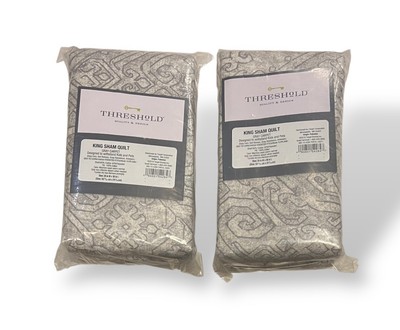 NWT - Pair (2) Threshold Gray Carpet Geometric Quilt King Pillow Shams