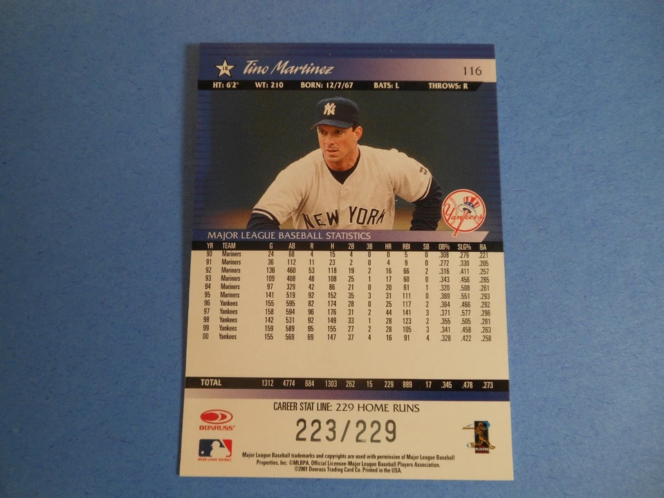 Donruss-Tino Martinez #116 2001 línea de estadísticas profesionales/229 Yankees de Nueva York Foto 4 de 4