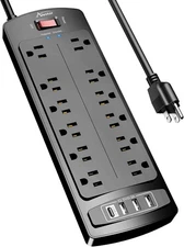 Power Strip, ALESTOR Surge Protector with 12 Outlets and 4 USB Ports, 6 Feet Ext