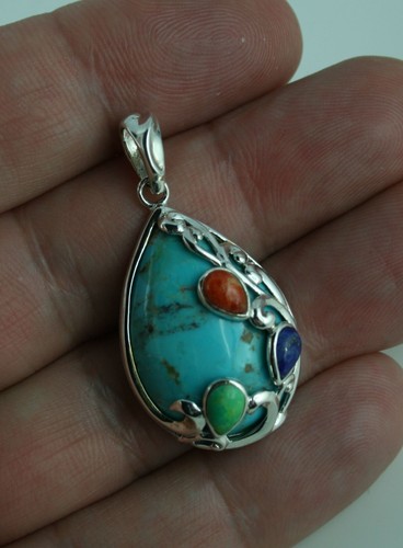 Ciondolo Mohave Blu Naturale Turchese Argento Sterling Corallo Lapislazzuli - Foto 3 di 3