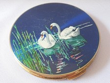 Vintage Stratton Compact 1950s Gilt Blue Enamel Ladies Powder Swans Birds 50s
