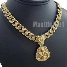 Gold Buddha Cubic Zirconia Pendant 16"~ 24" Iced Cuban Box Lock Chain Necklace