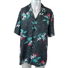 VTG PARADISE FOUND - MEN'S XL- BLACK FLORAL SHORT SLEEVE BUTTON UP SHIRT