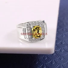 Natural Lemon Quartz Gemstone With White Gold Plated Silver Ring For Men's #1286