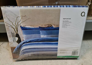 Big W Century Blue Stripe Print Queen, Queen Bed Quilt Cover Set Big W