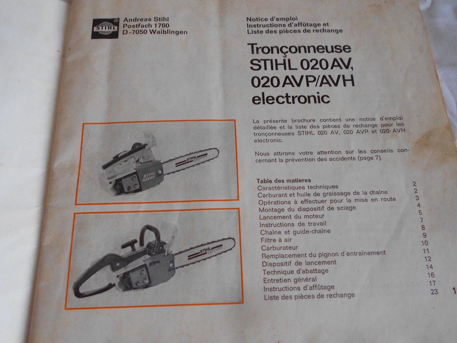 Vintage Chainsaw Stihl 020AV 020AVP/AVH Owners Handbook and parts