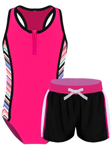 Kids Girls Swimsuit Sleeveless Floral Print Leotard with Shorts Bathing Suit - Picture 65 of 90