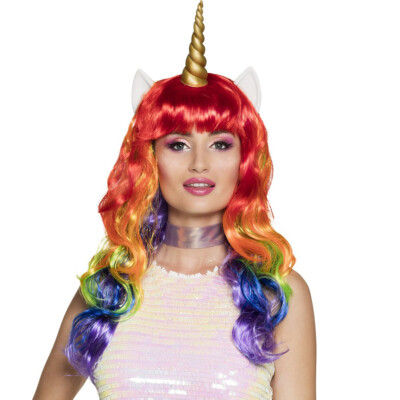 REGENBOGEN EINHORN PERÜCKE Karneval Fasching Damen Märchen Unicorn Kostüm Party
