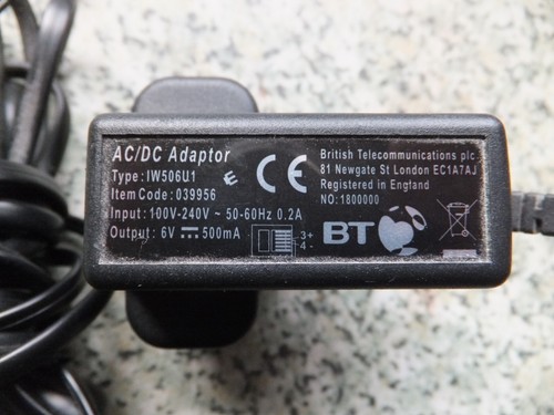 Genuine Adaptor For BT Graphite 1100 1500, IW506U1, 039956 PSU, 6V, 500ma - Zdjęcie 2 z 7