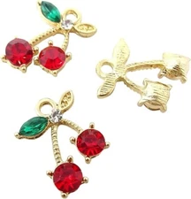 Red Cherry Charms Gold Fruit Pendants Findings Glass Zircon Jewelry Supplies