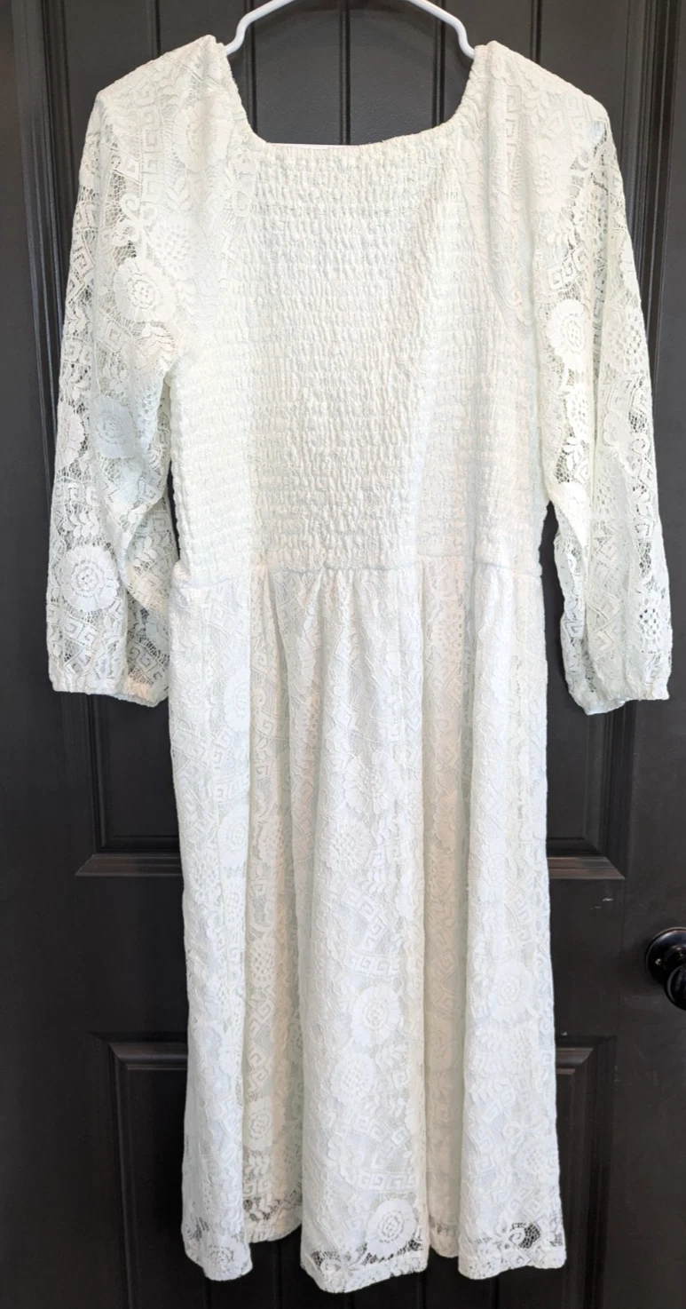 OFF WHITE Abito midi baltico nato pizzo smocked Brisbane bianco sporco manica a palloncino taglia XL