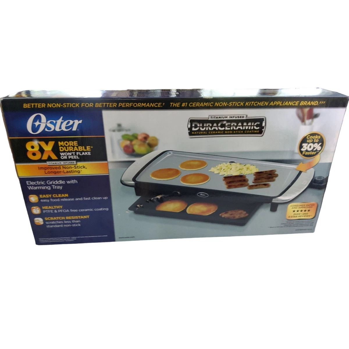 new oster 8X more durable ceramic non stick electric griddle and warming  tray.